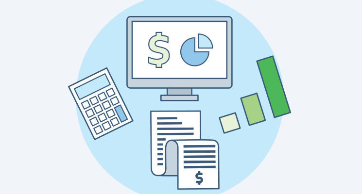 plano de contas ajudam a organizar finanças da empresa: ilustração mostra calculadora, computador e gráficos